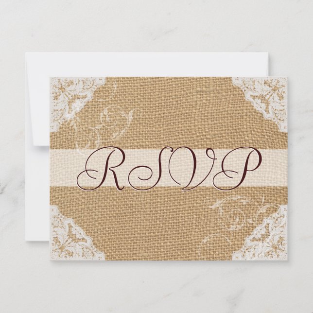 Arpillera Tarjeta de RSVP de Boda en Encaje Blanco (Anverso)