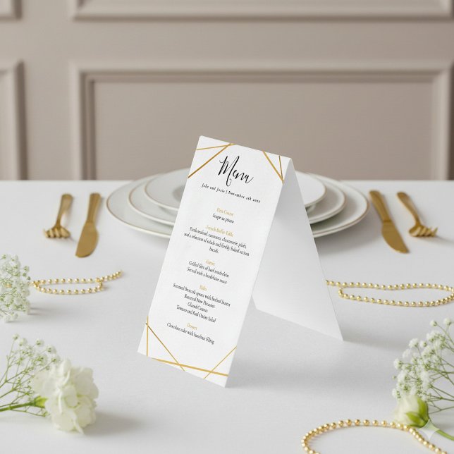 Arriba de la mesa del menú de la recepción de boda (Geometric gold wedding menu)