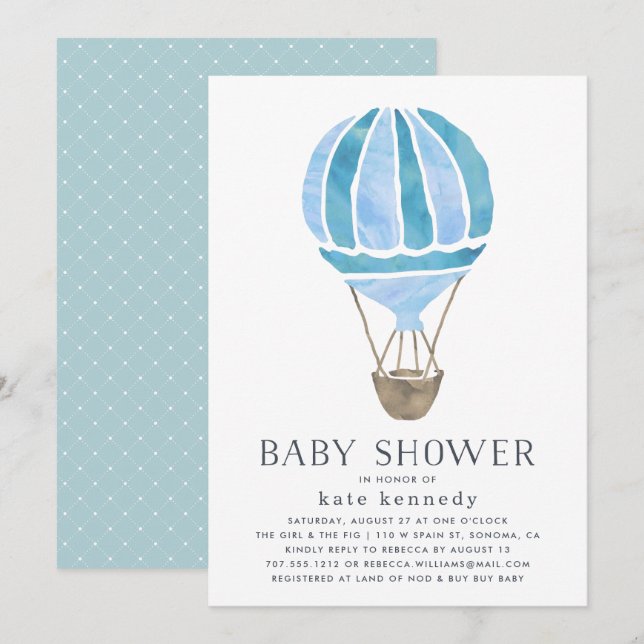 Arriba en la invitación de Air Baby Shower | Azul (Anverso / Reverso)