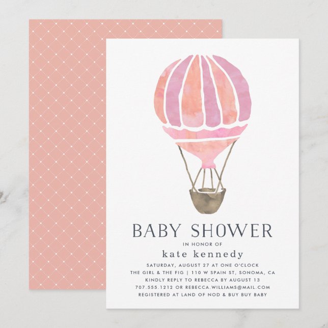 Arriba en la invitación de Air Baby Shower | Rosa (Anverso / Reverso)