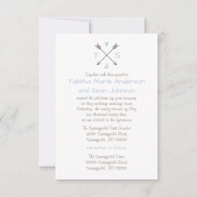 Arrows Blue Heart - Invitación de Boda y Recepción (Anverso)