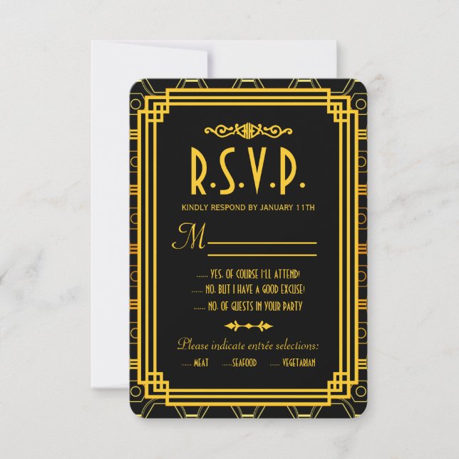 Art Deco Black and Gold Wedding RSVP (Anverso)