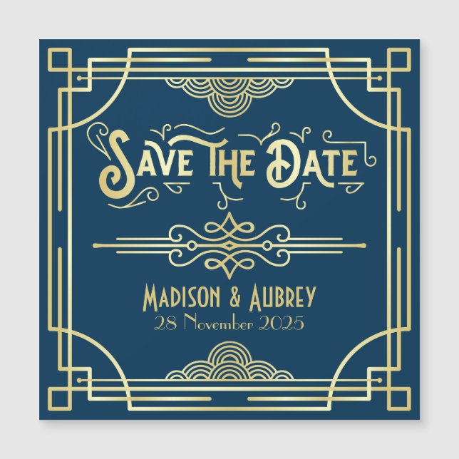Art Deco Boda Elegant Gold Blue Save the Date (Anverso)