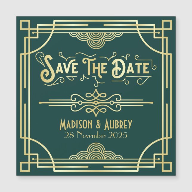 Art Deco Boda Elegant Gold Green Save the Date (Anverso)