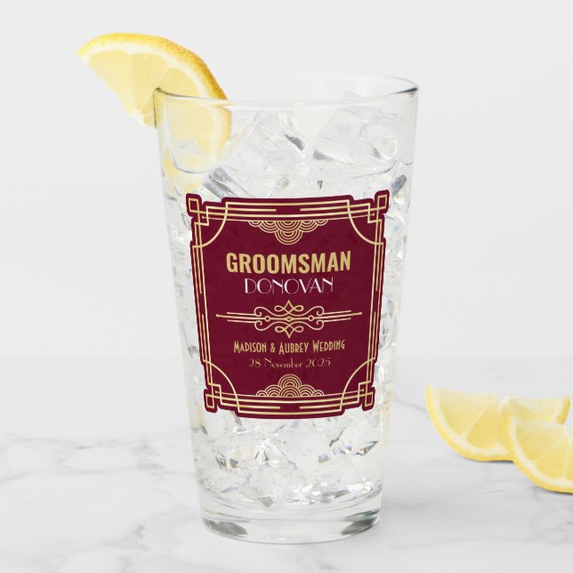 Art Deco Boda Groomsman Gold Borgoña Favor (Anverso (hielo))