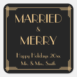 Art Deco Casado Y Feliz Pegatina De Navidad