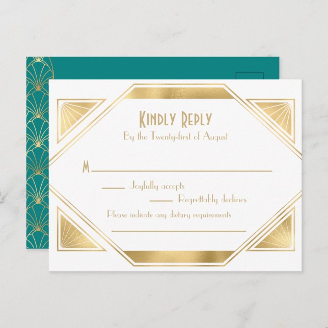 Art Deco elegante Gran Gatsby RSVP Invitación Post (Anverso / Reverso)