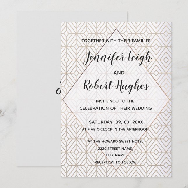 Art Deco en invitación a bodas en blanco y oro (Anverso / Reverso)