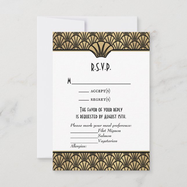 Art Deco Faux Gold Black Classic Wedding RSVP (Anverso)