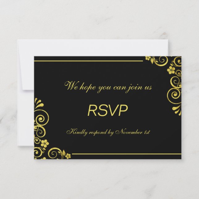 Art Deco Negro oro Floral Swirls Wedding RSVP (Anverso)