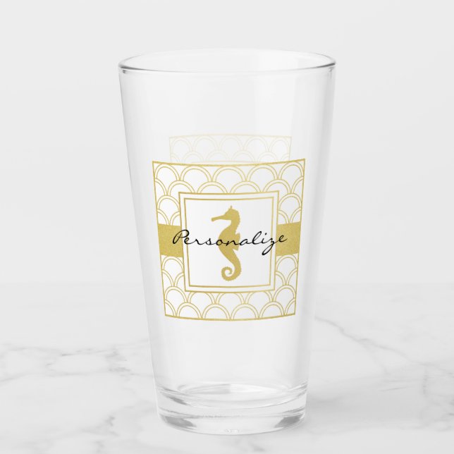 Art Deco Ocean Wave Gold Seahorse Beach House Pint (Anverso)