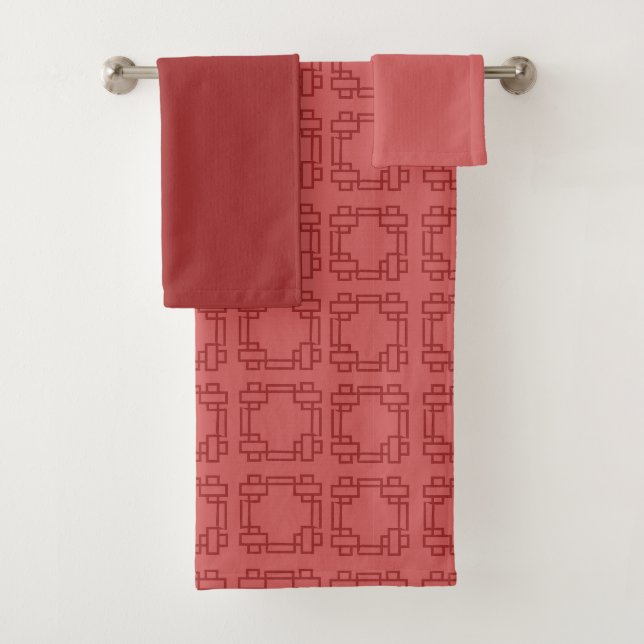 Art Deco Red Squares Bath Towel Set (In situ)