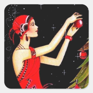 Art deco retro vintage Christmas lady pegatina