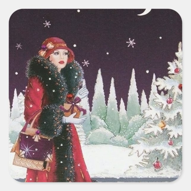 Art deco retro vintage Christmas lady pegatina (Anverso)