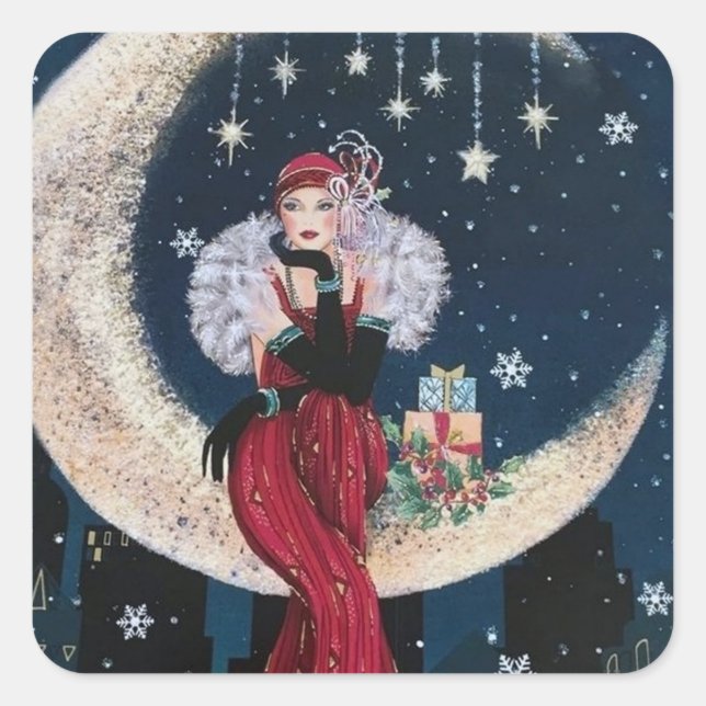 Art deco retro vintage Christmas lady pegatina (Anverso)