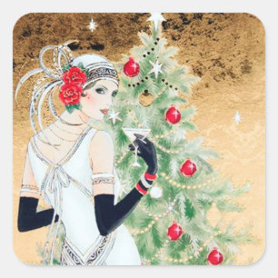 Art deco retro vintage Christmas lady pegatina