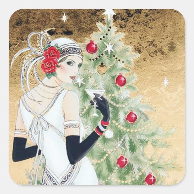 Art deco retro vintage Christmas lady pegatina (Anverso)