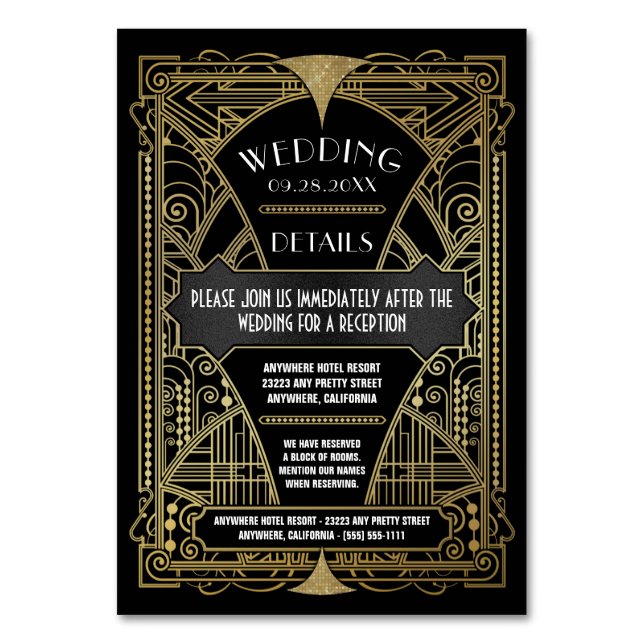 Art Deco Vintage Black Gold Boda Inserta Tarjetas (Anverso)