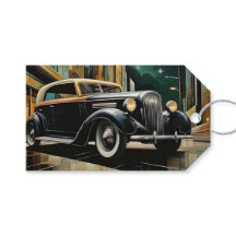 Art Deco Vintage Car Cityscape Black Gold Etiqueta