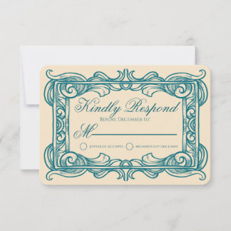 Art Deco Vintage Teal Champagne Wedding RSVP Card