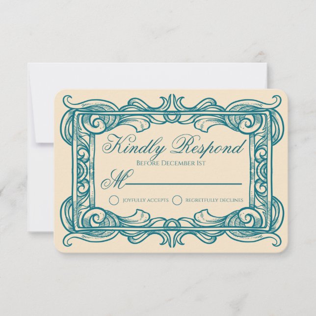 Art Deco Vintage Teal Champagne Wedding RSVP Card (Anverso)