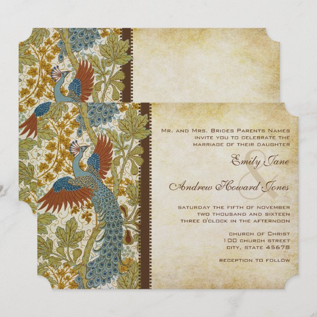 Art Nouveau Peacock Birds Wedding Invitación a la  (Anverso / Reverso)