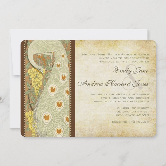 Art Nouveau Peacock Birds Wedding Invitación a la  (Anverso)
