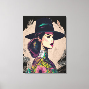 Arte abstracto colorido floral chica con sombrero 