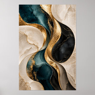 Arte abstracto de flujo escultural en oro negro ve