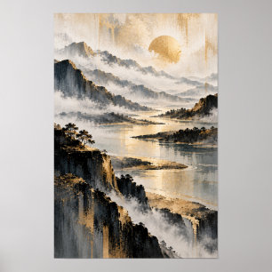 Arte abstracto de pared de lago de montaña de nieb
