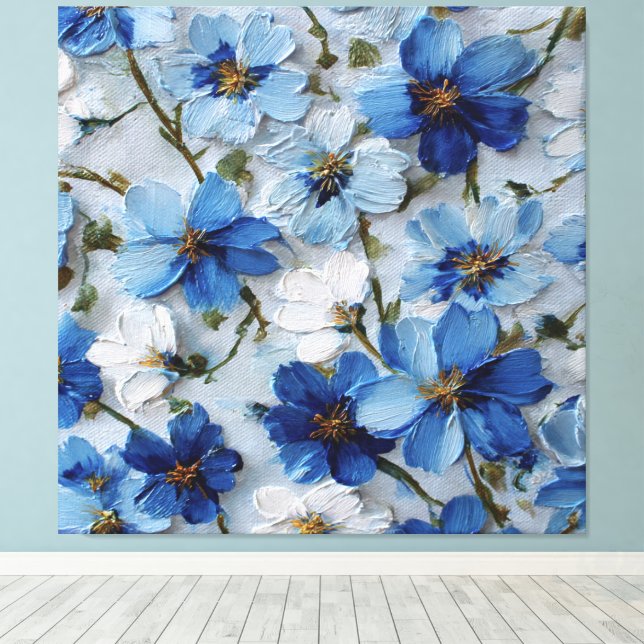 Arte abstracto de pared floral azul y blanco (Insitu (piso de madera))