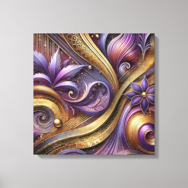 Arte abstracto en lienzo púrpura y dorado intrinca (Anverso)