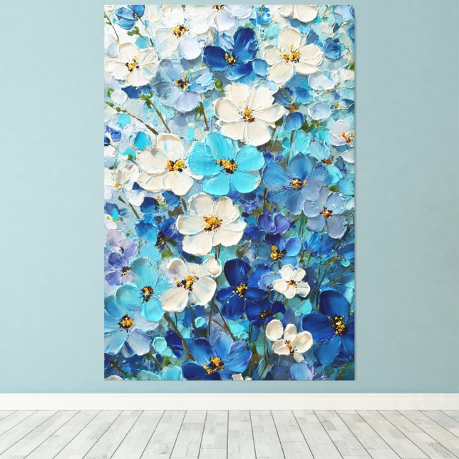 Arte abstracto floral azul, blanco y turquesa en p (Insitu (piso de madera))