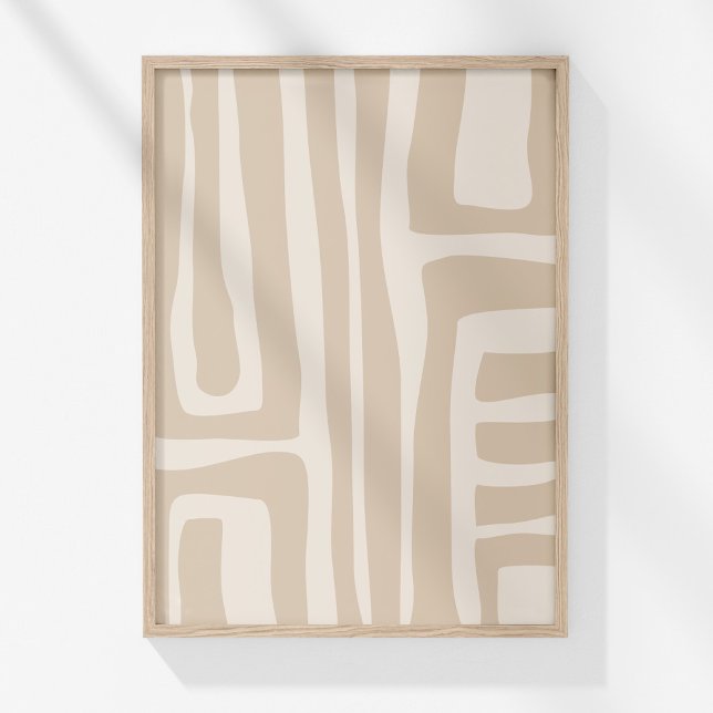 Arte abstracto neutral de estilo beige mutado (Boho Modern Muted Beige Neutral Abstract Art Poster in a neutral wooden frame on the wall.)