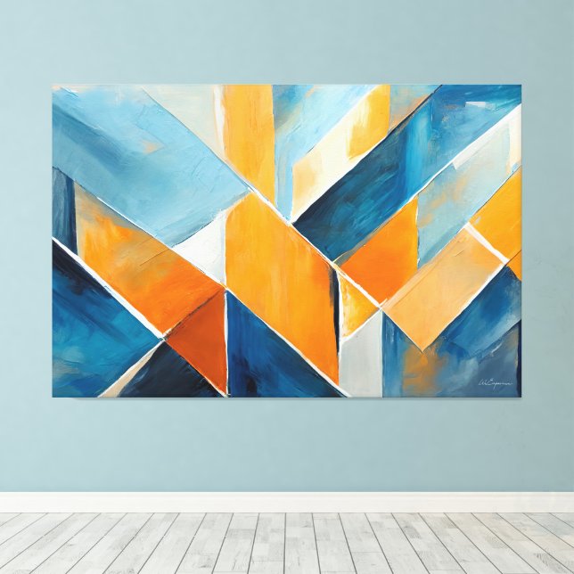 Arte abstracto pintado en azul naranja (Insitu (piso de madera))