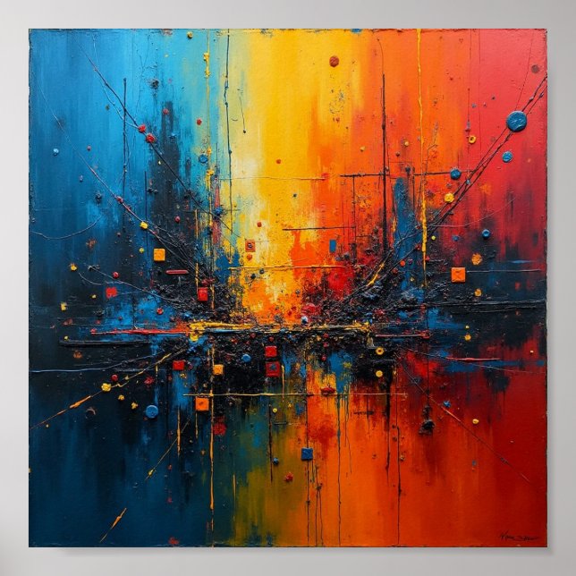 Arte abstracto vibrante con azul, naranja y amaril (Frente)