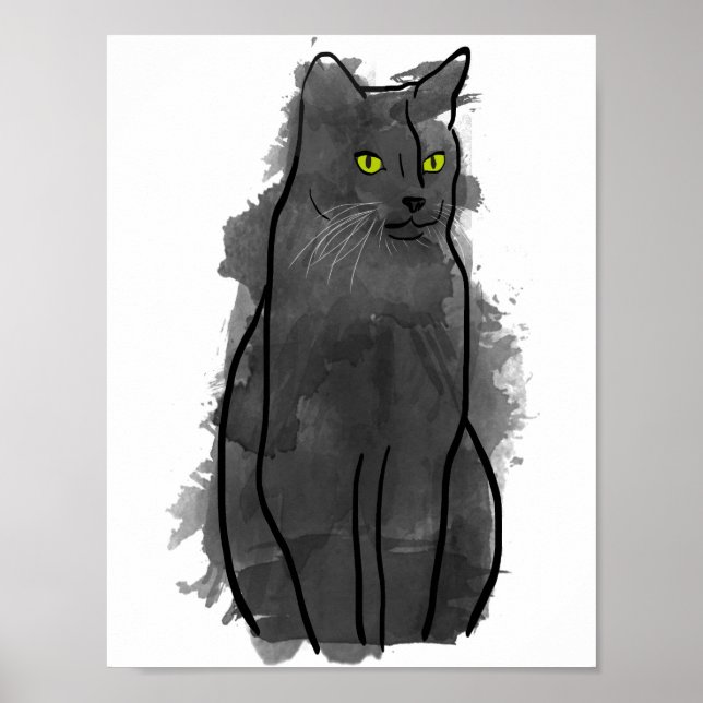 Arte acuarela de gato negro, decoración de gato ac (Frente)