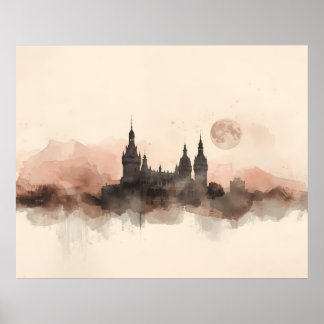 Arte acuarela de la silueta del castillo gótico a