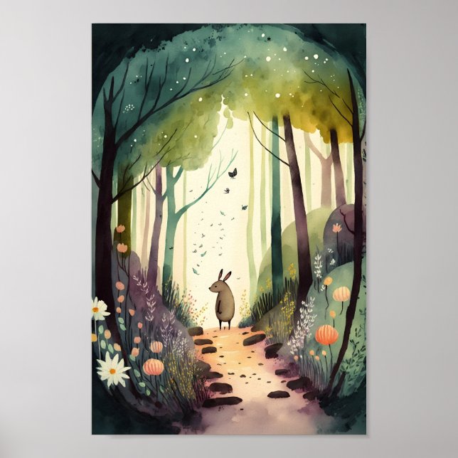 Arte acuarela lindo animal en bosque mágico (Frente)