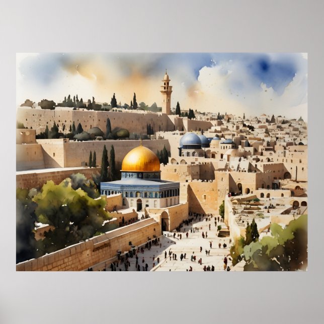 arte al acuarela de Jerusalén Israel (Frente)