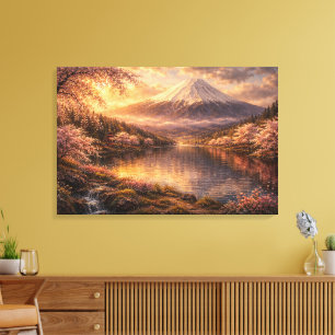 Arte al óleo de Monte Fuji y flores de cerezo