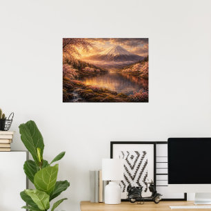 Arte al óleo de Monte Fuji y flores de cerezo