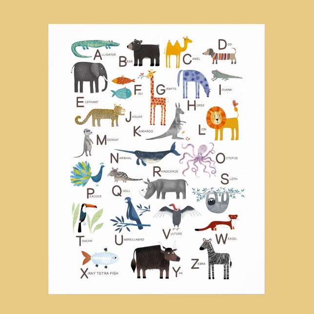 Arte alfabético de Kids Animal ABC (Cute animal ABC alphabet for newborn, boy or girl gender neutral nursery or kids room decor wall art)