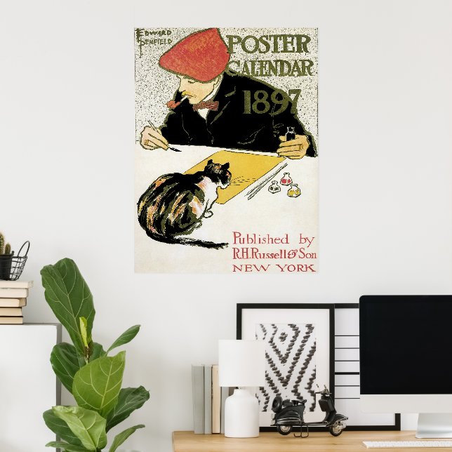 Arte Antiguo Modernista, Artista Pintando con Gato (Oficina en casa)