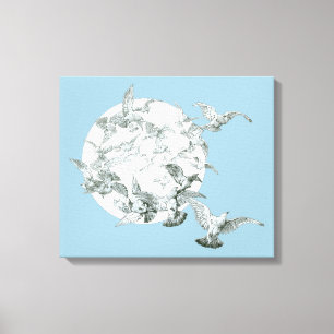 Arte antiguo Nouveau bandada de pájaros con luna l