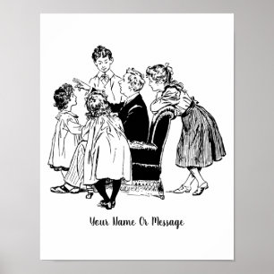 Arte Antiguo Papá Contando un Cuento a los Niños