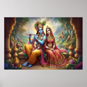 Arte Azul Krishna: Radha y Flauta Deidad, Dios Ind