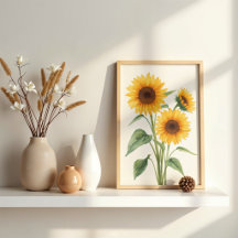 Arte Botánico Acuarela de Girasoles Dorados para P