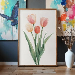 Arte Botánico en Acuarela de Tulipanes Pastel en P