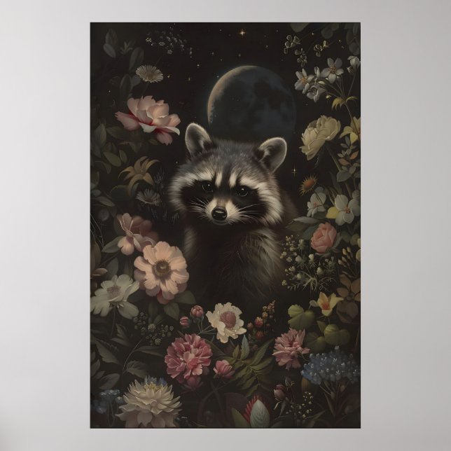 Arte botánico oscuro de mapache lindo Imprimible B (Frente)
